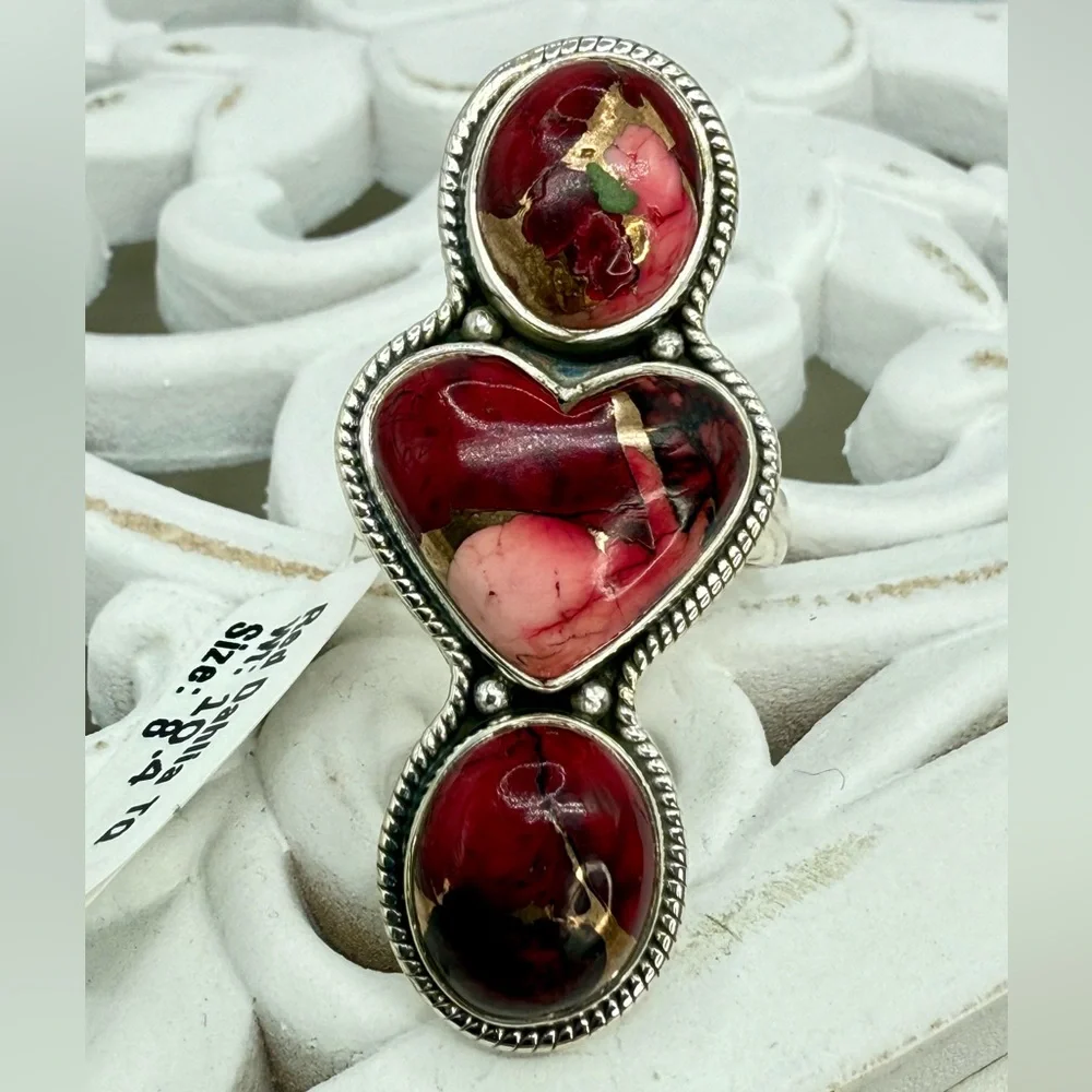 Sterling Silver Red Dahlia Turquoise Triple Stone Statement Ring – Size 8 (10.4g
